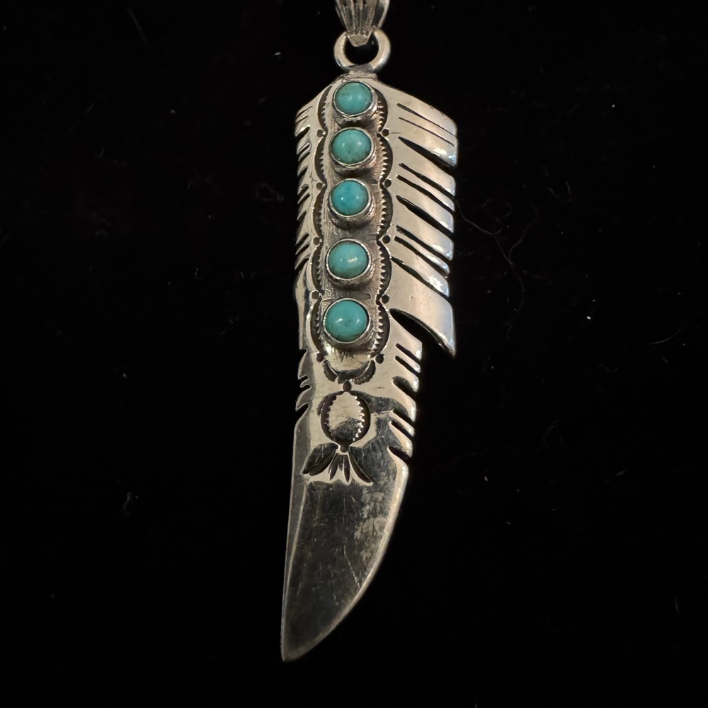 Sterling Silver native Feather Pendant Necklace with genuine‎ Turquoise Accents - Picture 6 of 9